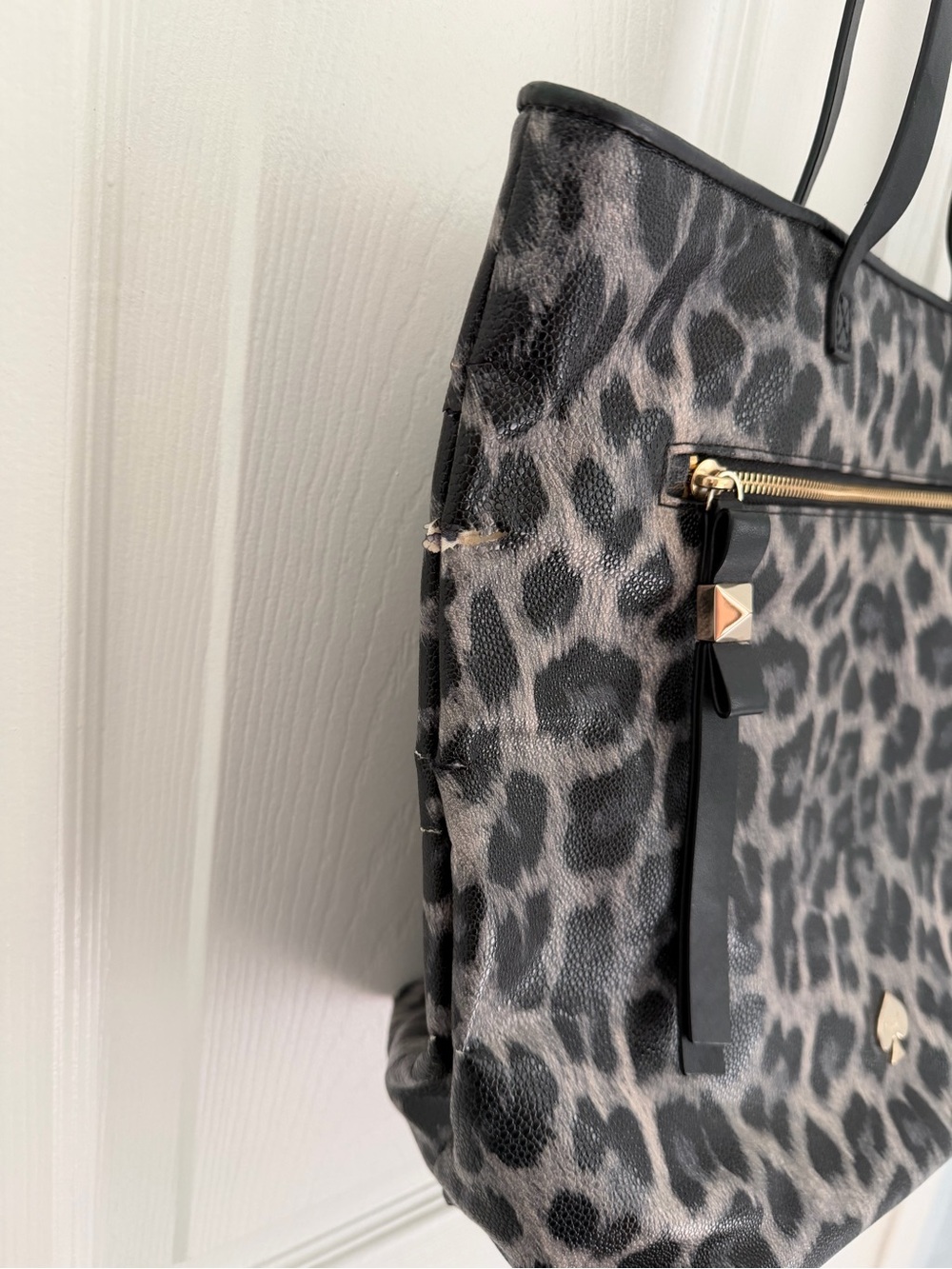 Kate Spade Gray Black Leopard Print Bow Detail Tote Shoulder Bag Travel Handbag - Picture 9 of 11